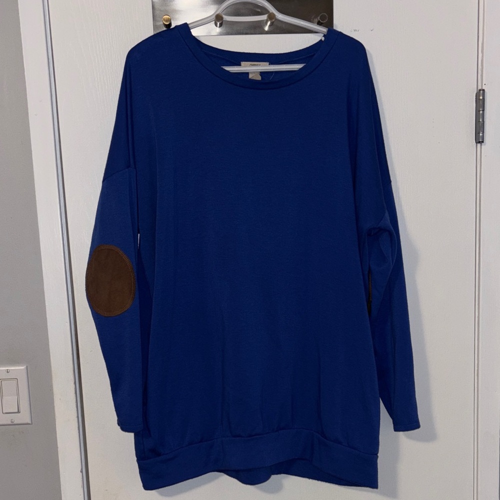 Cherish Blue Crew Neck Sweater with Brown Elbow Patches